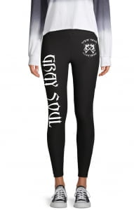 Black yoga pants with Gray Soul in white lettering