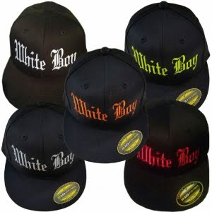 black white boy caps in white, gray, red, yellow, and harley orange lettering