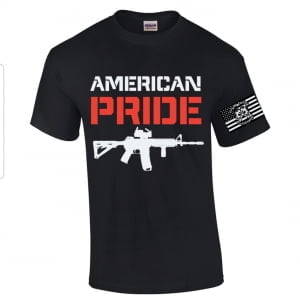 black t with american pride (red) message and rifle image