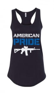 black tank with american pride (blue) and image of rifle