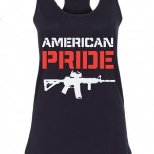 black tank with american pride (red) and image of rifle