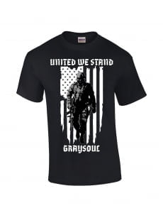 t-shirt with soldier in front of the flag