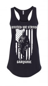 soldier against the American flag black tank top